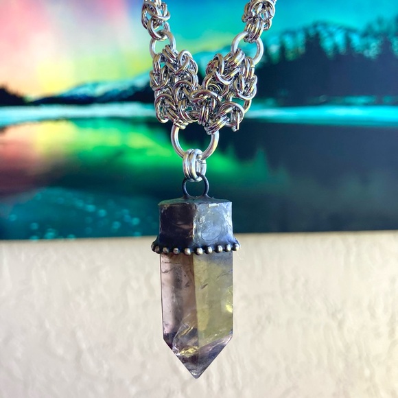 Handmade big raw black Smokey crystal quartz maille silver boho goth necklace - Picture 14 of 16